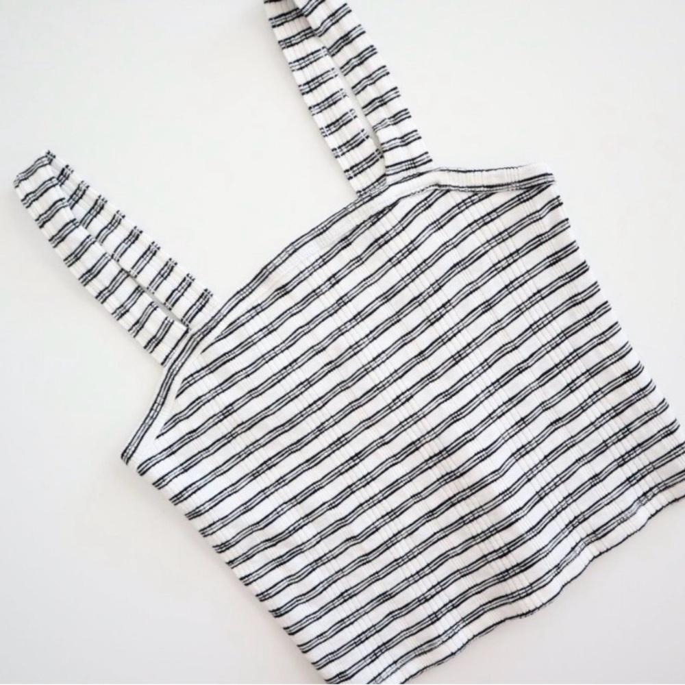 America Eagle | Black/Cream/Off-White Stripe Ribbed Cropped Tank-Top Sz Medium